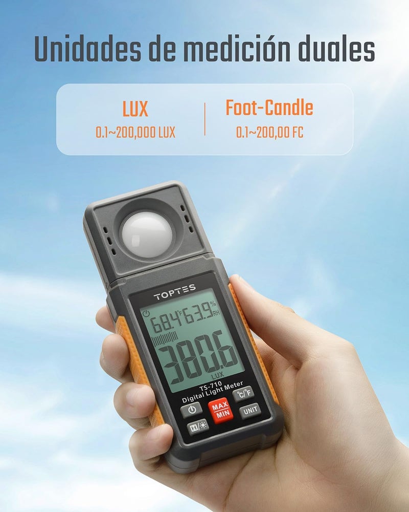 TOPTES TS-710 Light Meter, Lux/Foot Candles Meter with 180º Rotating Sensor, 0.1~200,000 Lux Range, Large Backlit Display, Light Meter for Plants, Car Headlights, Home & Office LEDs (Includes Battery) - Image 4